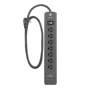 ge ultrapro surge protector, 7 outlet power strip, 2 usb charging ports, 4 ft extension cord, 3 prong, grounded, flat plug, 1500 joules, ul listed, gray, 53276,