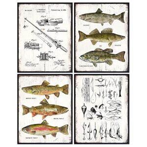 fishing accessories patent print, rod, reel, lures wall art set - lake or mountain house decor for the home - rustic vintage bass, trout, freshwater fish room decoration poster - gift for fishermen