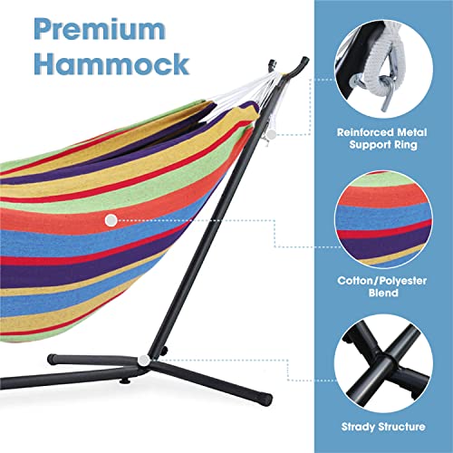 OUTDOOR WIND 550lbs Capacity Double Hammock Adjustable Hammock Bed with 10ft Heavy Duty Steel Stand Includes Portable Carrying Case, Easy Set up