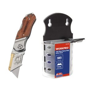workpro utility knife blades dispenser sk5 steel 100-pack and workpro wood handle folding utility knife