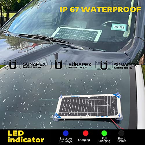 SUNAPEX 10W 12V Solar Panel Car Battery Charger 12 Volt Waterproof Solar Powered Battery Charger & Maintainer 12v Solar Trickle Charger for Car Boat RV Marine Trailer Battery