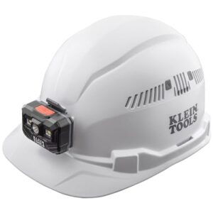 klein tools 60113rl hard hat, rechargeable headlamp, vented, cap style, padded self-wicking odor-resistant sweatband, white