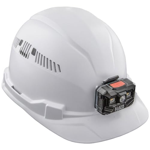 Klein Tools 60113RL Hard Hat, Rechargeable Headlamp, Vented, Cap Style, Padded Self-Wicking Odor-Resistant Sweatband, White