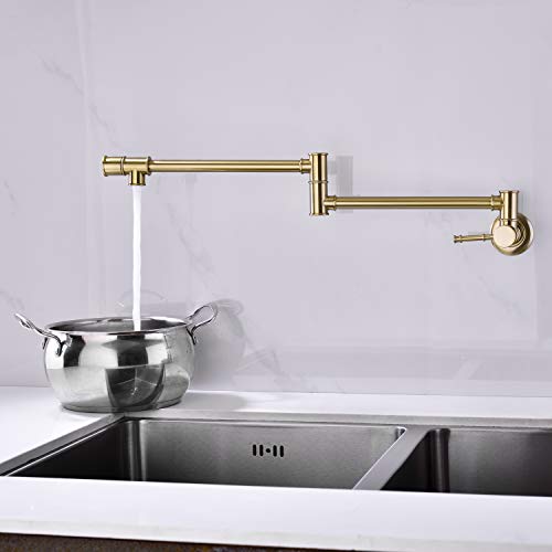 Gold Pot Faucet Pot Filler Faucet Wall Mounted, Lead-Free Solid Brass Folding Stretchable Double Joint Swing Arm Extending Wall Hole Filler Kitchen Faucet Brushed Gold