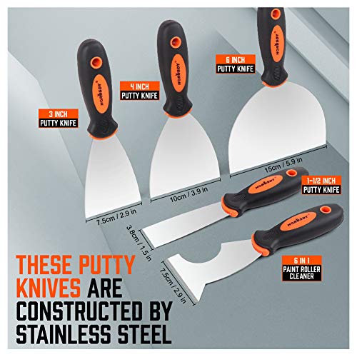 HORUSDY 5-Piece Putty Knife Set,1.5", 3", 4", 6" and 6-in-1 Stainless steel Painters Tool for Taping, Scraping Paint, Drywall Spackle