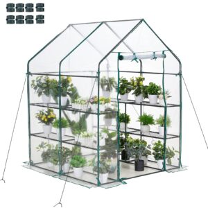 amerlife mini walk-in greenhouse 3 tier 4 shelves with pvc cover and roll-up zipper door,for indoor outdoor use extra hooks wind ropes, 77''x56''x29''