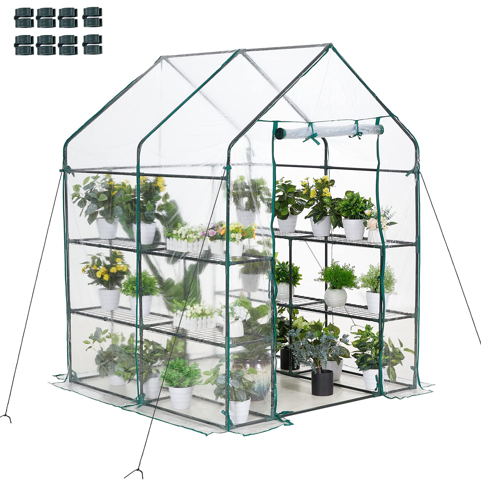 AMERLIFE Mini Walk-in Greenhouse 3 Tier 4 Shelves with PVC Cover and Roll-Up Zipper Door,for Indoor Outdoor Use Extra Hooks Wind Ropes, 77''x56''x29''