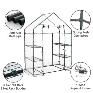 AMERLIFE Mini Walk-in Greenhouse 3 Tier 4 Shelves with PVC Cover and Roll-Up Zipper Door,for Indoor Outdoor Use Extra Hooks Wind Ropes, 77''x56''x29''