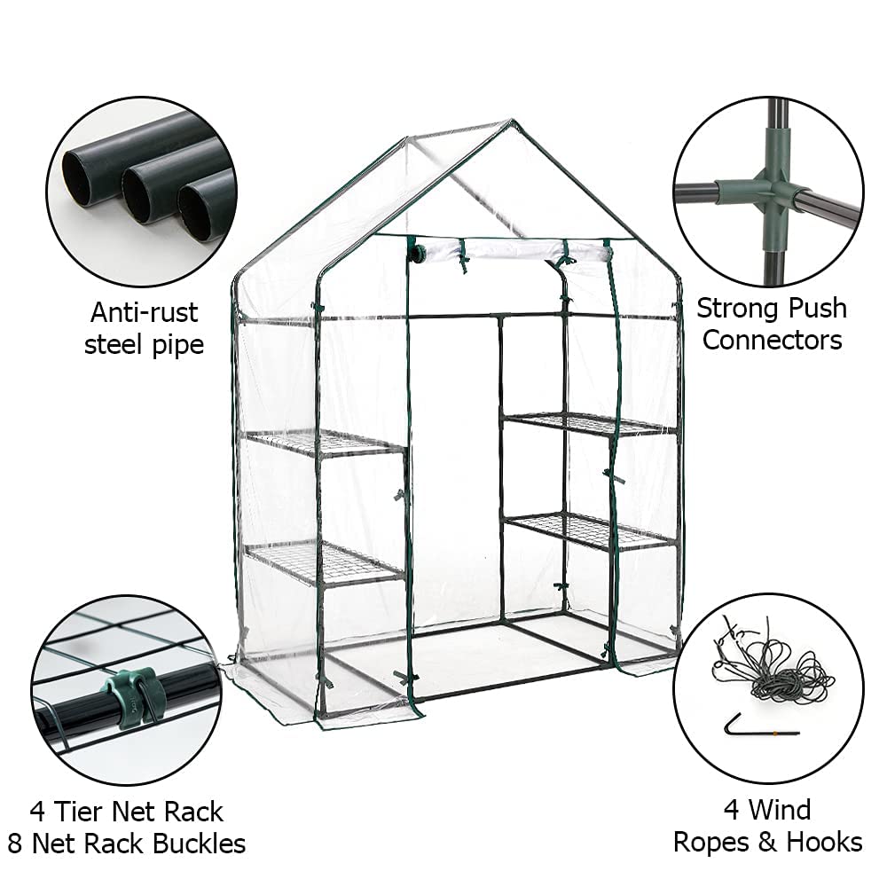 AMERLIFE Mini Walk-in Greenhouse 3 Tier 4 Shelves with PVC Cover and Roll-Up Zipper Door,for Indoor Outdoor Use Extra Hooks Wind Ropes, 77''x56''x29''