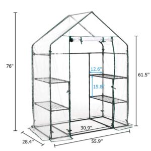 AMERLIFE Mini Walk-in Greenhouse 3 Tier 4 Shelves with PVC Cover and Roll-Up Zipper Door,for Indoor Outdoor Use Extra Hooks Wind Ropes, 77''x56''x29''