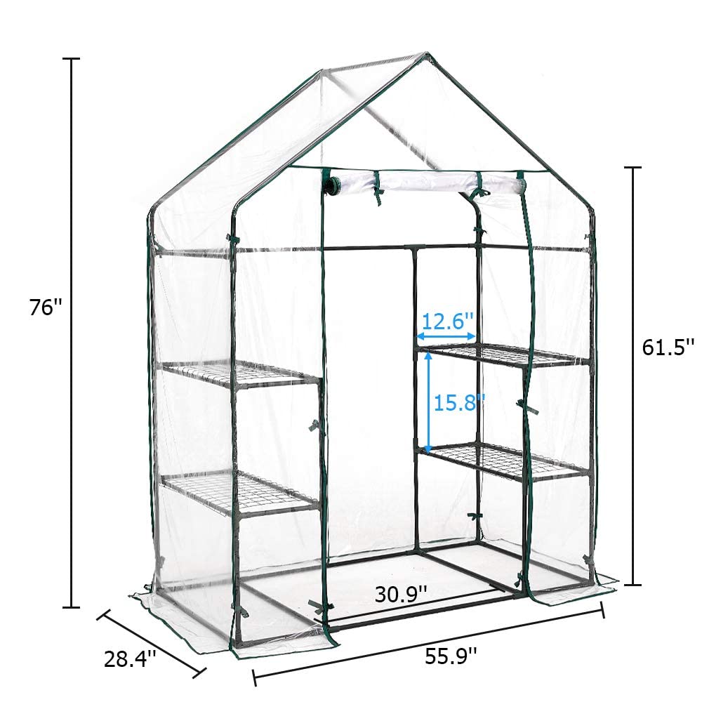 AMERLIFE Mini Walk-in Greenhouse 3 Tier 4 Shelves with PVC Cover and Roll-Up Zipper Door,for Indoor Outdoor Use Extra Hooks Wind Ropes, 77''x56''x29''