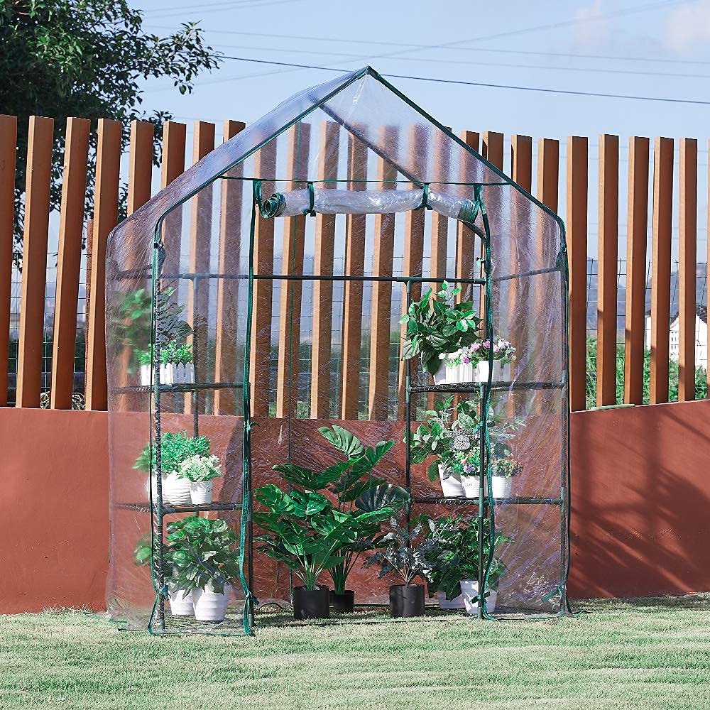 AMERLIFE Mini Walk-in Greenhouse 3 Tier 4 Shelves with PVC Cover and Roll-Up Zipper Door,for Indoor Outdoor Use Extra Hooks Wind Ropes, 77''x56''x29''