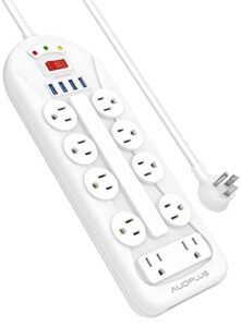 surge protector power strip with usb, 6ft extension cord, 10 outlets and 4 usb ports, auoplus mountable power strips flat plug with overload protection for home, office and dorm, etl listed