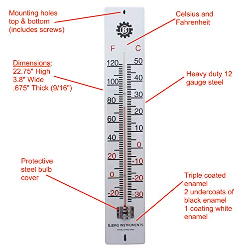 Bjerg Instruments White Enamel Coated Steel Extra Large Heavy Duty 22.75 Inch Outdoor Decorative Wall Thermometer and Temperature Gauge