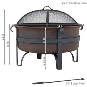 Sunnydaze 29-Inch Bronze Cauldron Wood-Burning Fire Pit Bowl - Includes Portable Poker and Spark Screen