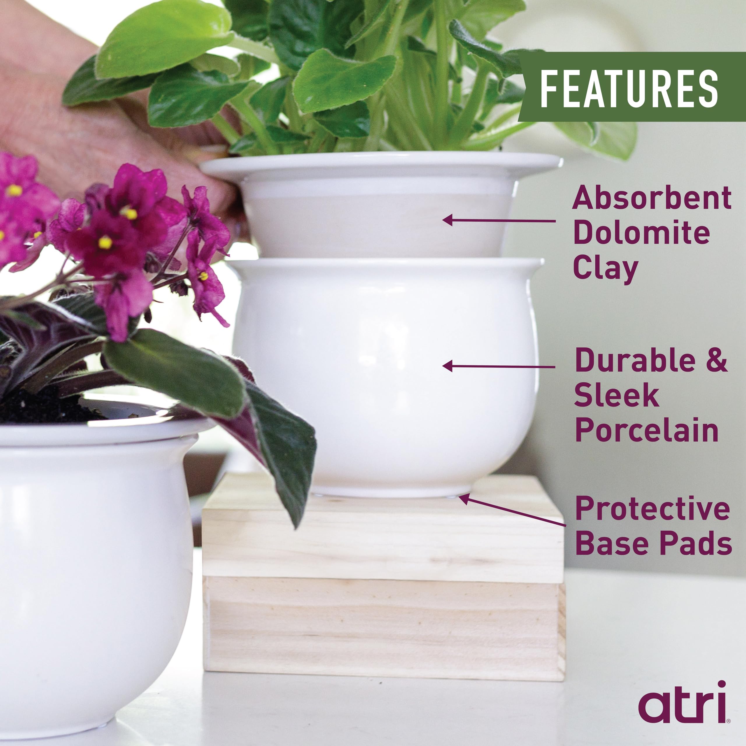 African Violet Pots Ceramic 6.5”W x 4.6”H Self Watering Planter for Indoor Flowers and Plants – White Glazed Outer Plant Pot with Highly Absorbent Inner Planter Pot for Tropical Plants