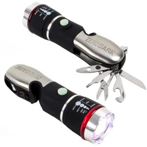 zerodark pocket knife flashlight multitool emergency car kit with car window breaker seatbelt cutter - 10-in-1 car escape tool with swiss army knife, batteries included