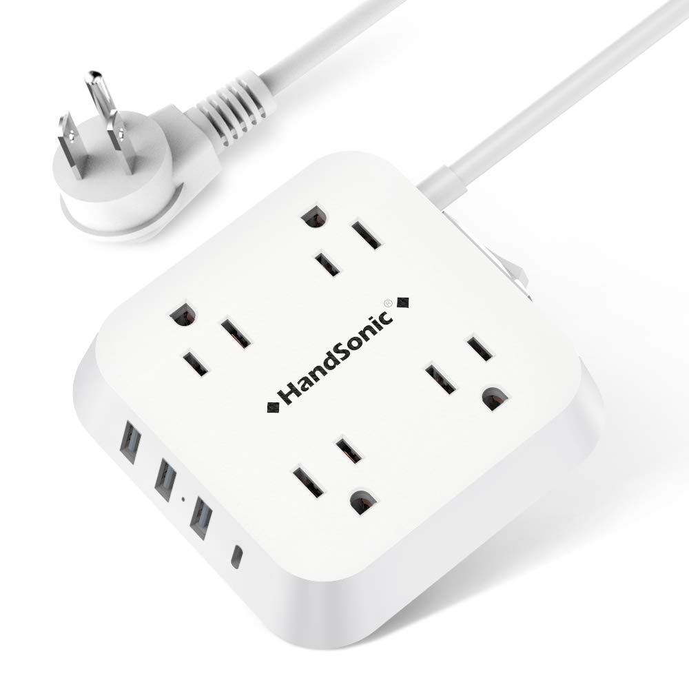 HANDSONIC Power Strip, Mountable Flat Plug Extension Cord with 4 Outlets, 3 USB-A, 1 USB-C, 5 ft Cord, Compact Size Charging Station for Home, Office, Dorm Essentials, Desktop, Travel and Cruise Ship