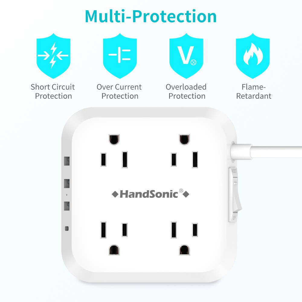 HANDSONIC Power Strip, Mountable Flat Plug Extension Cord with 4 Outlets, 3 USB-A, 1 USB-C, 5 ft Cord, Compact Size Charging Station for Home, Office, Dorm Essentials, Desktop, Travel and Cruise Ship