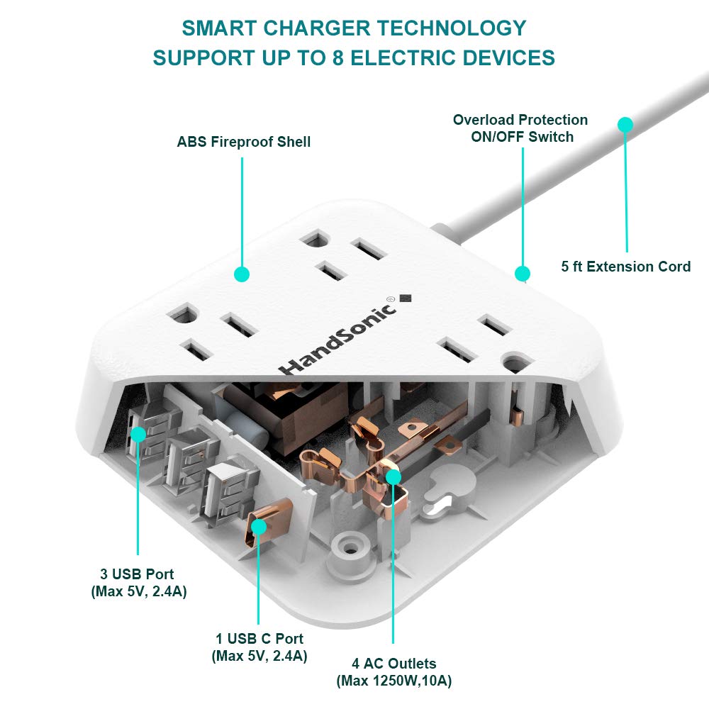 HANDSONIC Power Strip, Mountable Flat Plug Extension Cord with 4 Outlets, 3 USB-A, 1 USB-C, 5 ft Cord, Compact Size Charging Station for Home, Office, Dorm Essentials, Desktop, Travel and Cruise Ship