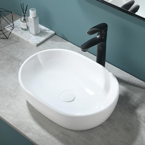 VESLA HOME 19"x14" Oval Vessel Sink, Ceramic Above Counter Bathroom Sink, Modern Art Basin White Bathroom Vessel Sink for Lavatory Vanity Cabinet