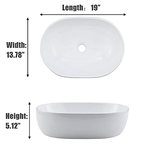 VESLA HOME 19"x14" Oval Vessel Sink, Ceramic Above Counter Bathroom Sink, Modern Art Basin White Bathroom Vessel Sink for Lavatory Vanity Cabinet