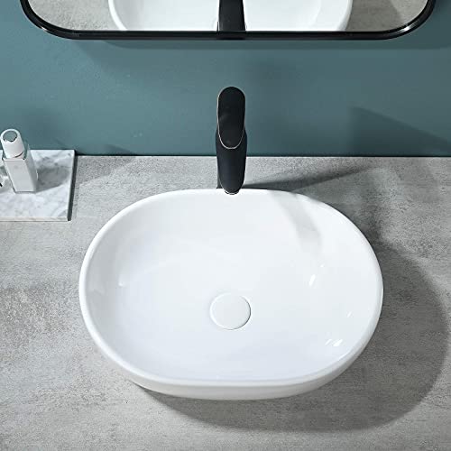 VESLA HOME 19"x14" Oval Vessel Sink, Ceramic Above Counter Bathroom Sink, Modern Art Basin White Bathroom Vessel Sink for Lavatory Vanity Cabinet