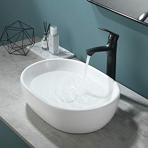 VESLA HOME 19"x14" Oval Vessel Sink, Ceramic Above Counter Bathroom Sink, Modern Art Basin White Bathroom Vessel Sink for Lavatory Vanity Cabinet