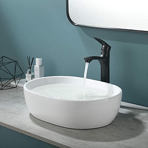 VESLA HOME 19"x14" Oval Vessel Sink, Ceramic Above Counter Bathroom Sink, Modern Art Basin White Bathroom Vessel Sink for Lavatory Vanity Cabinet