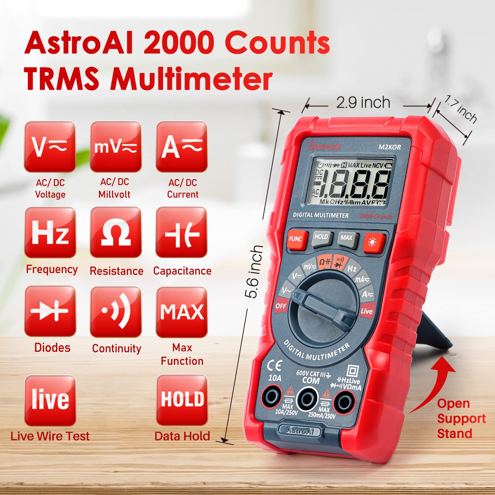 AstroAI M2K0R Digital Multimeter with DC AC Voltmeter and Auto Ranging Tester ; Measures Voltage, Current, Capacitance; Tests Live Wire, Continuity