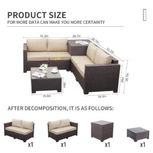 Patio PE Wicker Furniture Set 4 Pieces Outdoor Brown Rattan Sectional Conversation Sofa Chair with Storage Box Table and Khaki Cushions