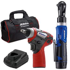 acdelco arw1209-k14 g12 series 12v li-ion cordless 3/8” rachet wrench & impact wrench combo tool kit,blue/red