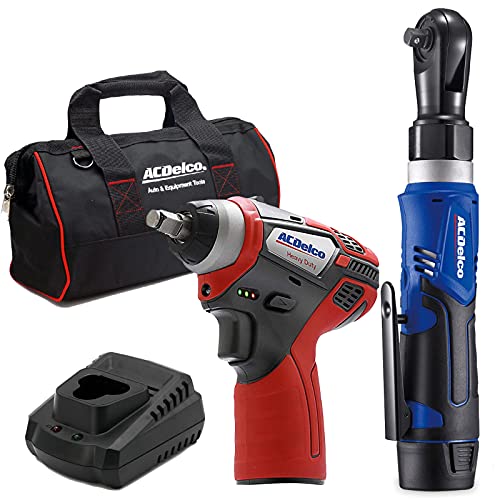 ACDelco ARW1209-K14 G12 Series 12V Li-ion Cordless 3/8” Rachet Wrench & Impact Wrench Combo Tool Kit,Blue/Red