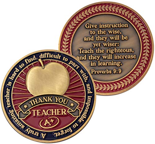 Teacher Appreciation Coin, Thank You Teacher Gift, Pass Along Pocket Token of Gratitude for Teachers and Educators, Antique Gold-Color Plated Proverbs 9:9 Challenge Coin