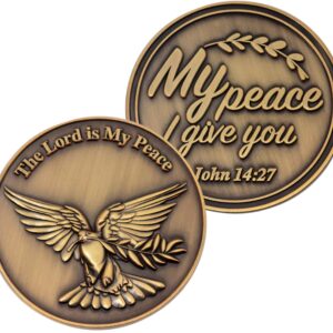 The Lord is My Peace, Dove and Olive Branch Pocket Token of Serenity, Christian Challenge Coins, My Peace I Give to You, Antique Gold-Color Plated John 14:27 Religious Gift