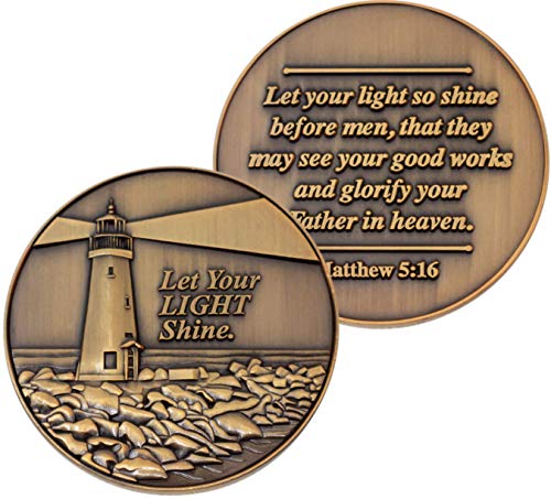 Let Your Light Shine Christian Challenge Coin, Pass Along Pocket Token of Encouragement, Handout for Bible Study, Antique Gold Plated Matthew 5:16 Gift