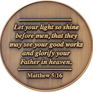 Let Your Light Shine Christian Challenge Coin, Pass Along Pocket Token of Encouragement, Handout for Bible Study, Antique Gold Plated Matthew 5:16 Gift