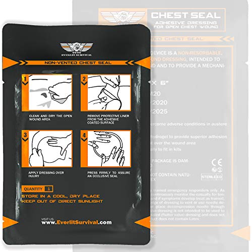 EVERLIT Occlusive Chest Seal Non-Vented Adhesive Dressing for Open Chest Injury and Sucking Chest Wound (2 Count)