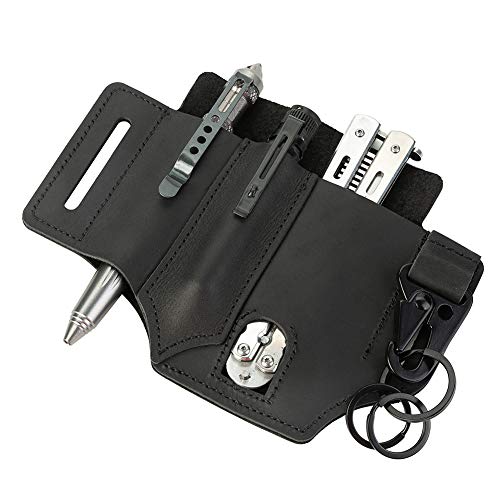 PUOSUO Multitool Sheath for Belt,Belt Sheath,Leather Flashlight Holster,Handmade 3 Pockets Organizer Sheath for Flashlights,Tactical pens,Tools, Leather EDC Pocket Organizer (Black)