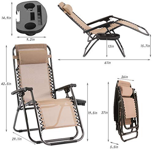 FDW Set of 2 Zero Gravity Chairs Lounge Chair with Pillow and Cup Holder Patio Outdoor Adjustable Dining Reclining Folding Chairs for Deck Patio Beach Yard