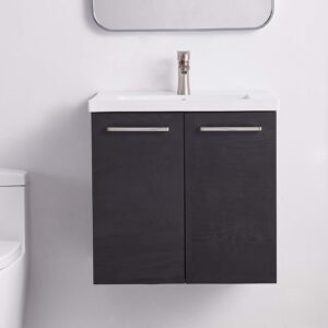 LOCLGPM Modern 24” Black Wood Grain Wall-Mounted Floating Small Bathroom Vanity, Simple Design 2-Door Bathroom Sink Cabinet Vanities Combo Set with White Ceramic Countertop Vessel Sink