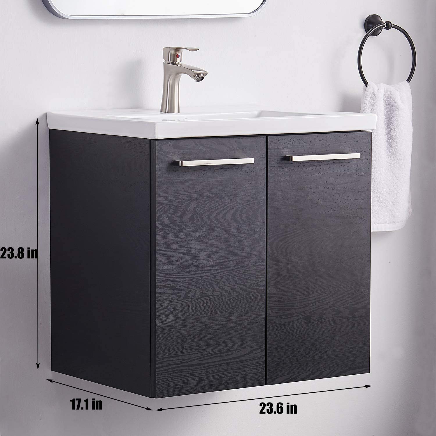 LOCLGPM Modern 24” Black Wood Grain Wall-Mounted Floating Small Bathroom Vanity, Simple Design 2-Door Bathroom Sink Cabinet Vanities Combo Set with White Ceramic Countertop Vessel Sink