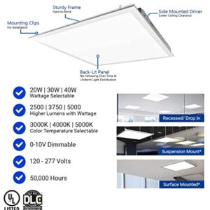 2x2 FT LED Light Flat Panel, 20/30/40W, Color Temperature Selectable 3K | 4K | 5K, Dimmable Recessed Drop Ceiling Lights, 2500/3750/5000 Lumens, Lay in Fixture for Office, 120-277V, UL DLC(6 Pack)