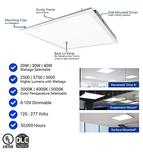 2x2 FT LED Light Flat Panel, 20/30/40W, Color Temperature Selectable 3K | 4K | 5K, Dimmable Recessed Drop Ceiling Lights, 2500/3750/5000 Lumens, Lay in Fixture for Office, 120-277V, UL DLC(6 Pack)