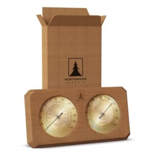 northwood sauna thermometer & hygrometer 2 in 1 - handmade from canadian red cedar wood - luxurious glass and golden metal dials