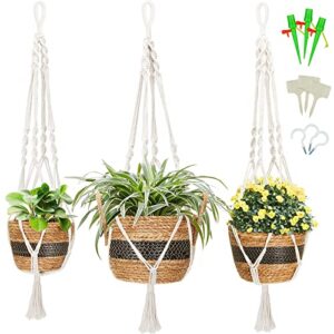 greenstell hanging planters with planter basket, set of 3 plant hangers, seagrass basket with 3 hooks, diy t-type tags, hand woven storage flower pot with waterproof plastic liner for home decor black