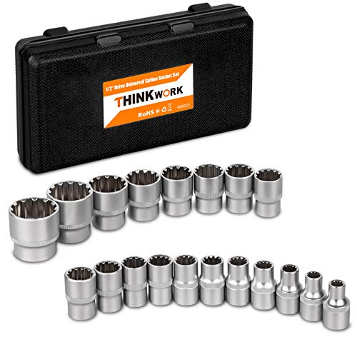 THINKWORK 1/2 Inch Drive Universal Spline Socket Set, Works with SAE, Metric, Partially Rounded, 6 pt, 12 pt, Square and E-TORX, Cr-V steel