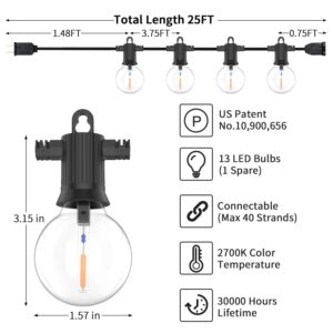 ZOTOYI Outdoor String Lights 25FT, Globe Patio Lights with 13 Edison Shatterproof Bulbs(1 Spare), Waterproof IP65 G40 LED Outside Hanging Lights for Backyard, Bistro, Cafe, Porch, Warm White