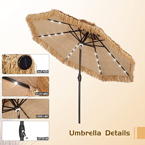 GDY 10FT 40 LED Hula Thatched Tiki Umbrella, Hawaiian Style Beach Patio Umbrellas with Center Light for Patio Garden Beach Pool Backyard