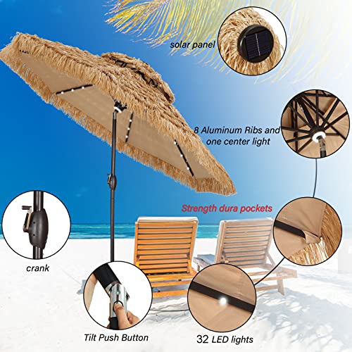 GDY 10FT 40 LED Hula Thatched Tiki Umbrella, Hawaiian Style Beach Patio Umbrellas with Center Light for Patio Garden Beach Pool Backyard